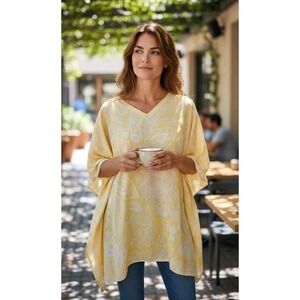 NWT Yellow Chico's Kimono Poncho Top Women's 100% Silk Paisley OS Retail‎ $78